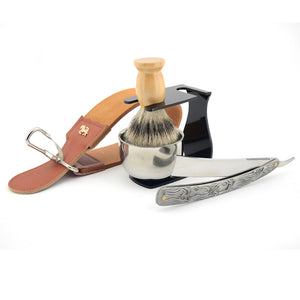 Straight Blade Shaving Set with Badger Hair Brush, Leather Strap, Shaving Stand, & Metal Mug Soap