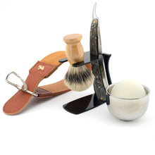 Straight Blade Shaving Set with Badger Hair Brush, Leather Strap, Shaving Stand, & Metal Mug Soap