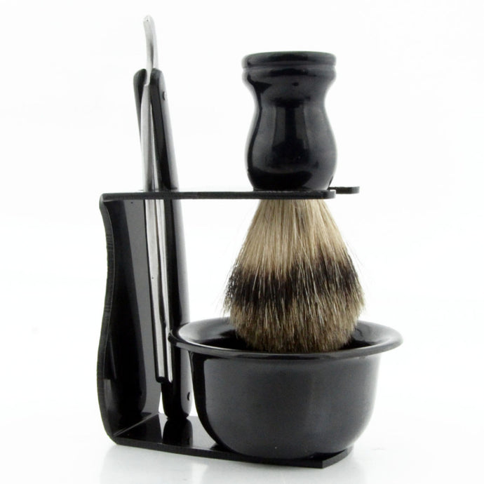 Straight Razor Shave Ready with Black Badger Brush, Black Stand and Plastic Bowl