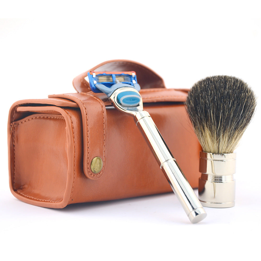 3 Piece Shaving Set with Badger Hair Brush, 5 Layer Safety Blade Razor & Genuine Leather Bag Travel