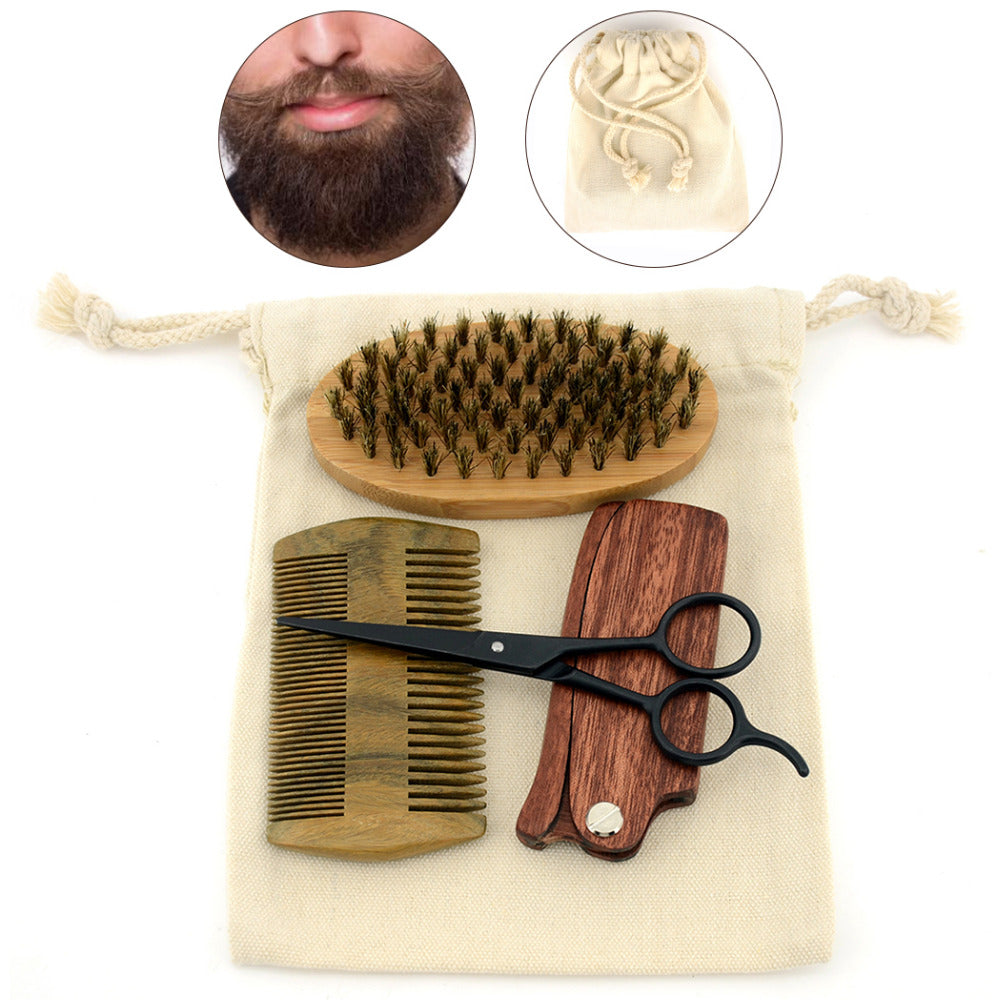 Bamboo Brush Kit with Beard Scissors, Natural Sandal Wood Folding Comb and Free Canvas Bag