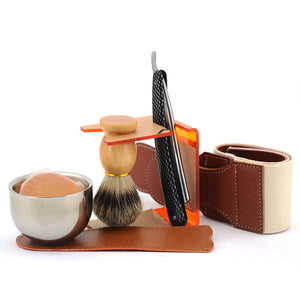 7 Piece Straight Razor Shave Set with Badger Hair, Bowl, Soap, Stand and Sharpening Strop