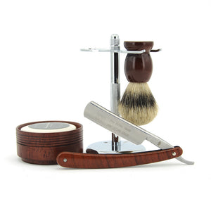 Straight Shaving Razor, Badger Hair Beard Brush with Razor Holder Stand, Wooden Bowl & Soap Set Kit