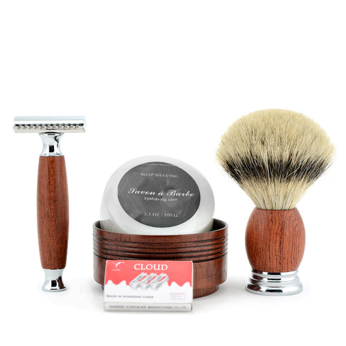 Adjustable Razor Set with Badger Hair Shave Brush, Wood Bowl Cup, Shaving Soap & 10 Blades
