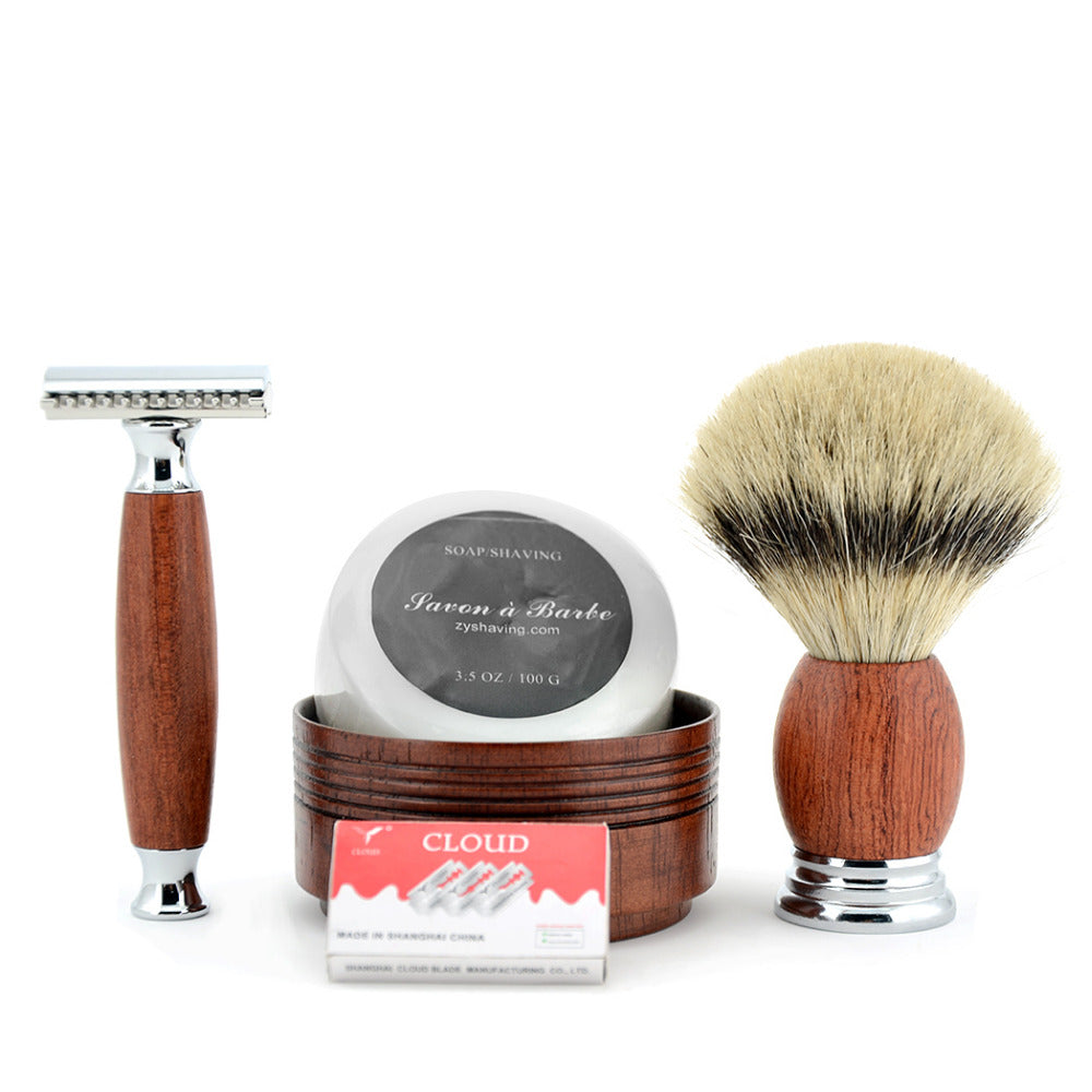 Adjustable Razor Set with Badger Hair Shave Brush, Wood Bowl Cup, Shaving Soap & 10 Blades