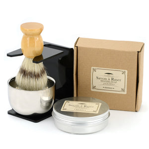 Natural Wooden Handle Bristle Shave Brush with Bowl Stand, Goat Milk Soap & Razor Cup