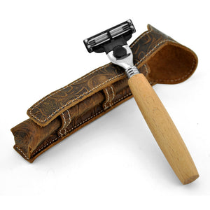 Natural Wood Handle 3 Layered Razor with Genuine Leather Case Holder